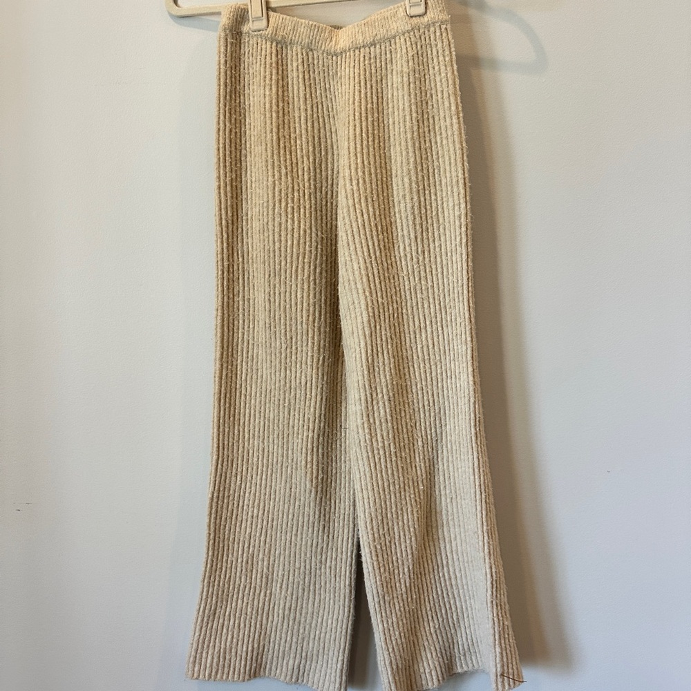 Ribbed Knit Wide-Leg Pants in Cream